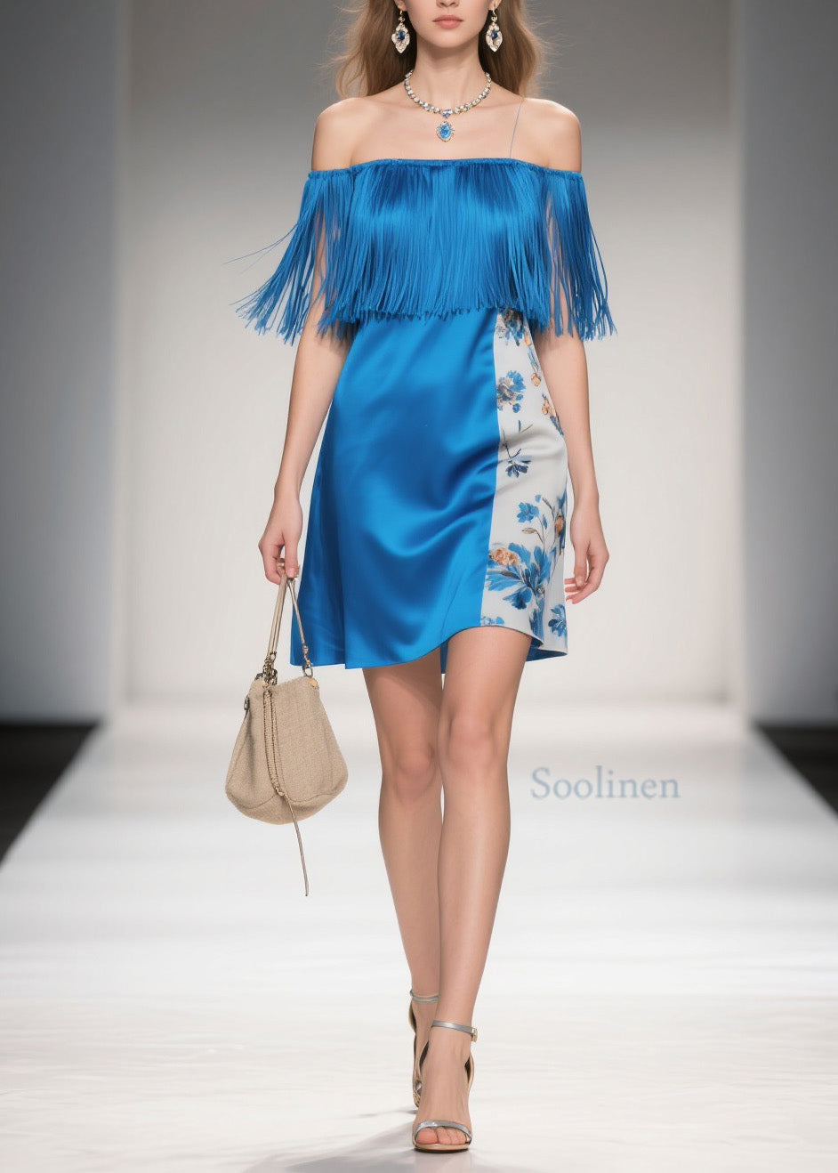 Chic Cold Shoulder Print Tassel Silk Mid Dress Summer