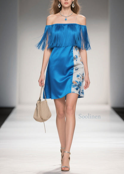 Chic Cold Shoulder Print Tassel Silk Mid Dress Summer