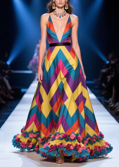Chic Colorblock Print Flower Decorated Silk Maxi Dress Summer