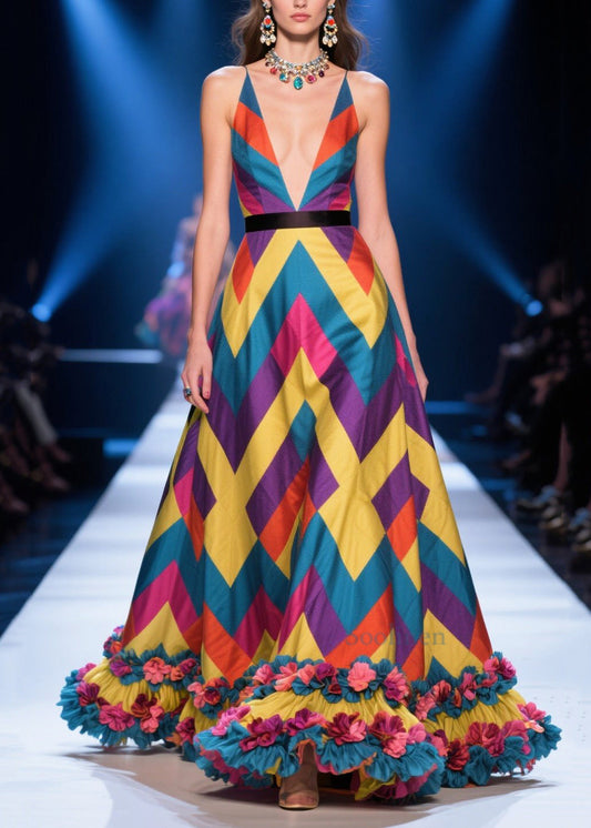 Chic Colorblock Print Flower Decorated Silk Maxi Dress Summer