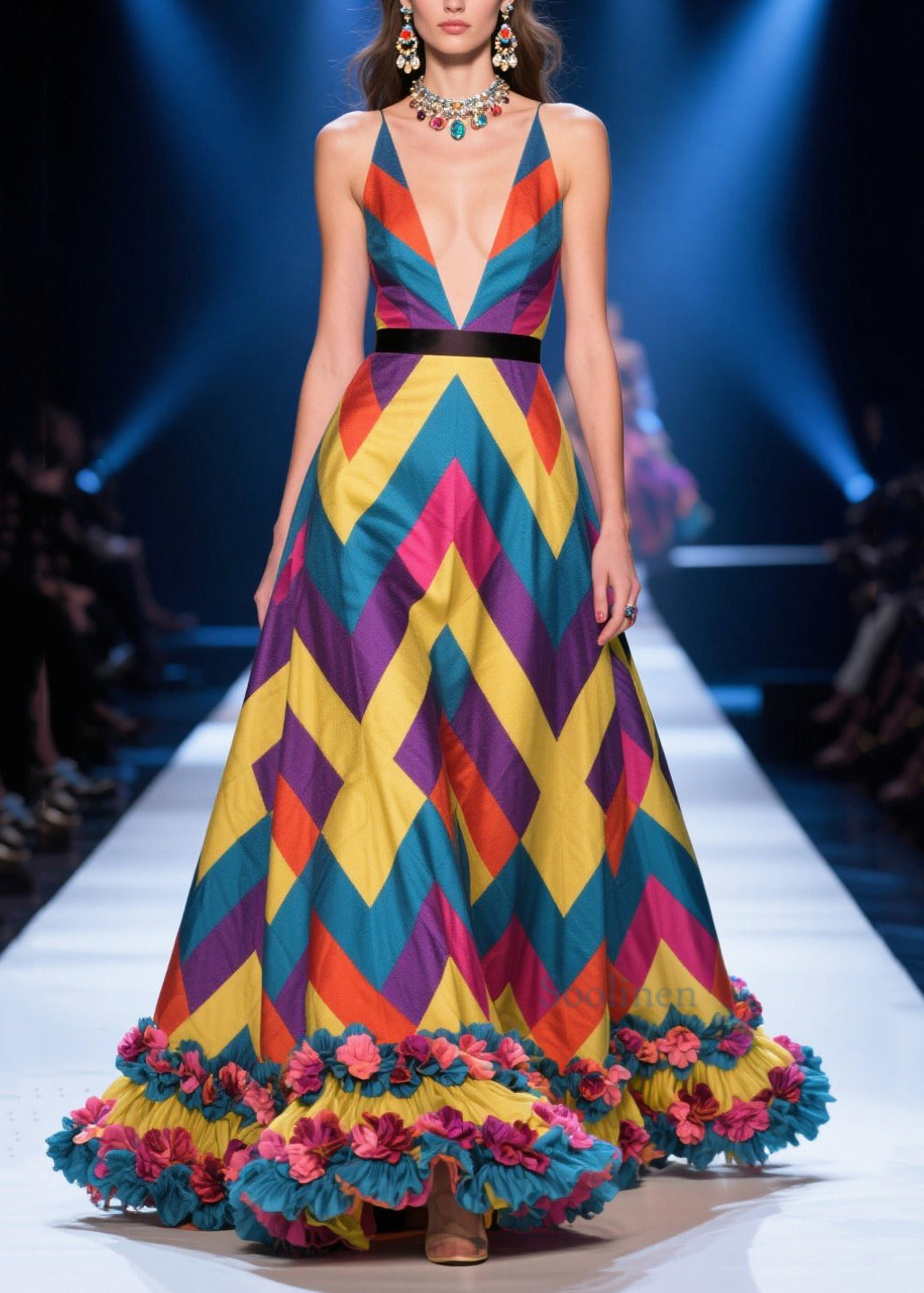 Chic Colorblock Print Flower Decorated Silk Maxi Dress Summer