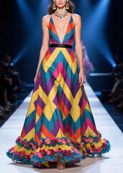 Chic Colorblock Print Flower Decorated Silk Maxi Dress Summer