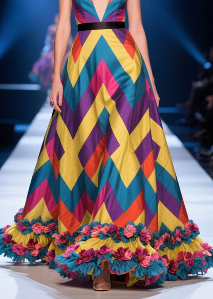 Chic Colorblock Print Flower Decorated Silk Maxi Dress Summer