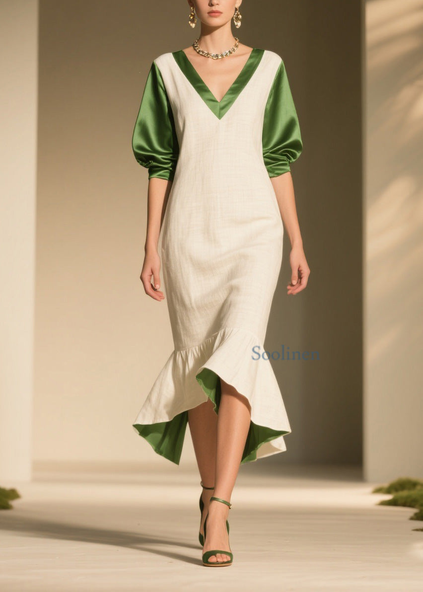 Chic Colorblock Ruffled Patchwork Linen Silk Dress Summer