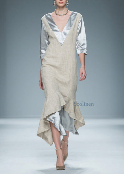 Chic Colorblock V Neck Patchwork Linen Silk Long Dresses Summer