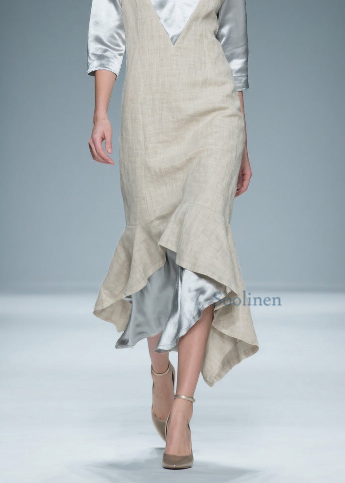Chic Colorblock V Neck Patchwork Linen Silk Long Dresses Summer