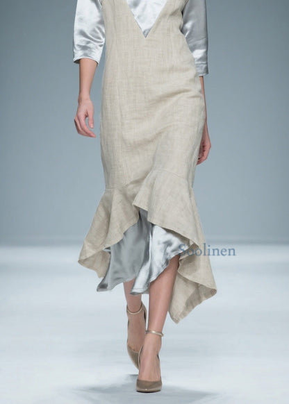 Chic Colorblock V Neck Patchwork Linen Silk Long Dresses Summer