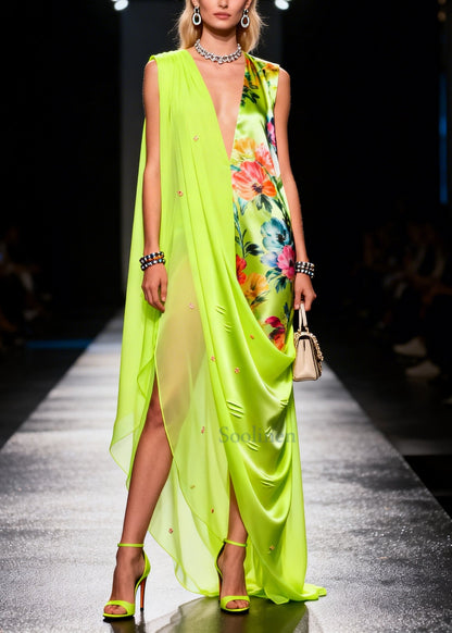 Chic Fluorescent Green Asymmetrical Print Chiffon Holiday Dress Summer