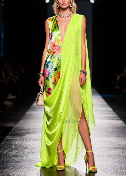 Chic Fluorescent Green Asymmetrical Print Chiffon Holiday Dress Summer