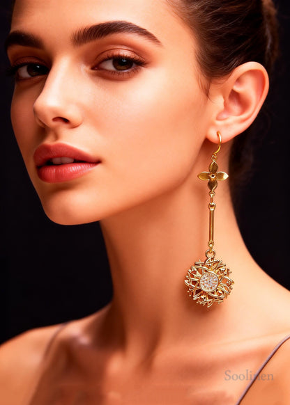 Chic Golden Sunflower Zircon Long Drop Earrings