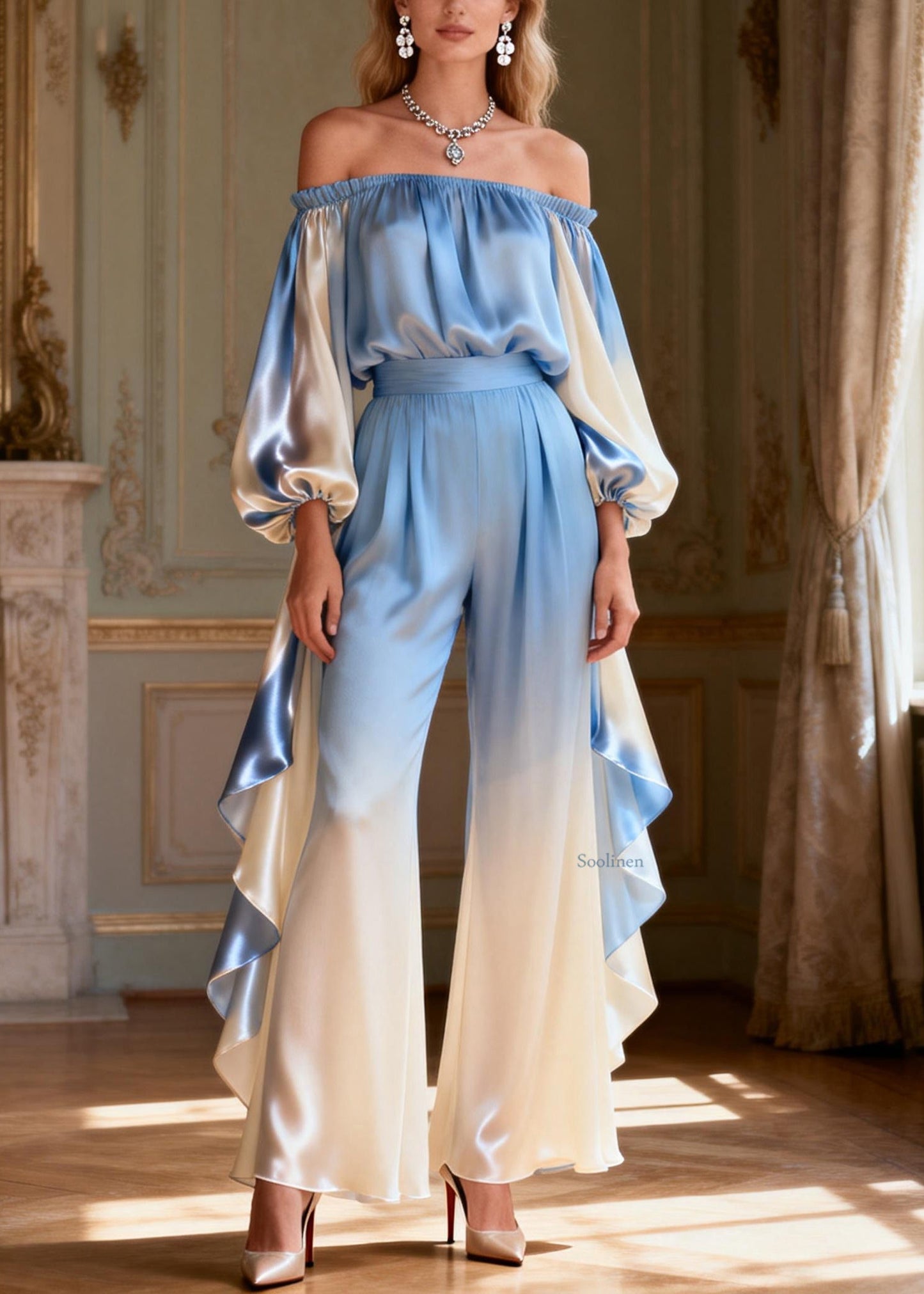 Chic Gradient Color Slash Neck Ruffled Silk Two Piece Set Spring
