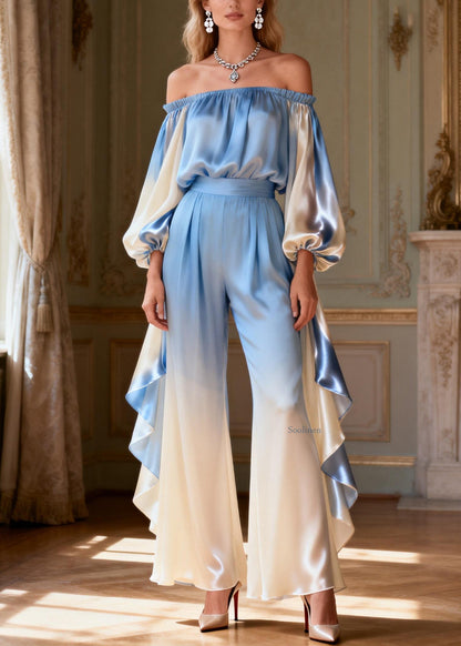 Chic Gradient Color Slash Neck Ruffled Silk Two Piece Set Spring