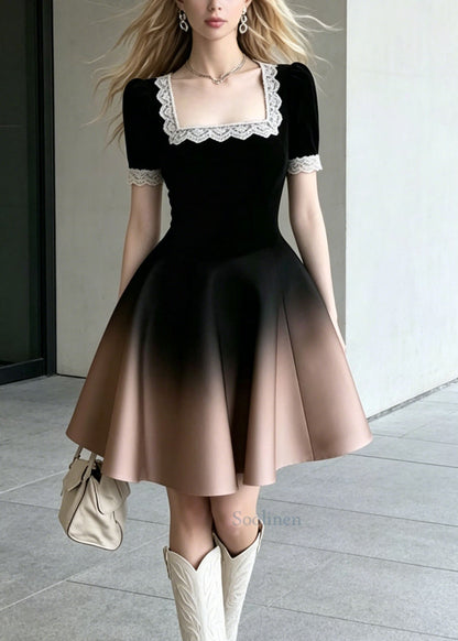Chic Gradient Color Square Collar Lace Patchwork Cotton Dress Summer