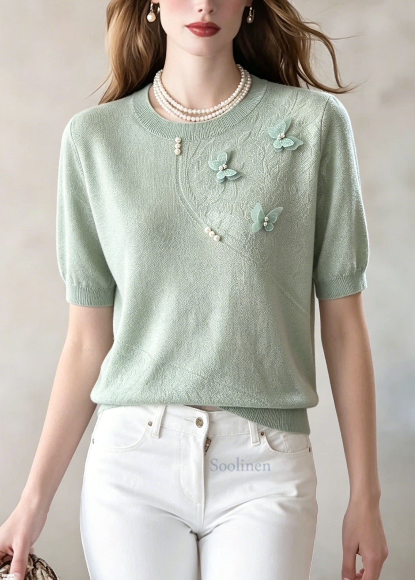 Chic Green Jacquard Butterfly Nail Bead Thin Knit Tops Summer