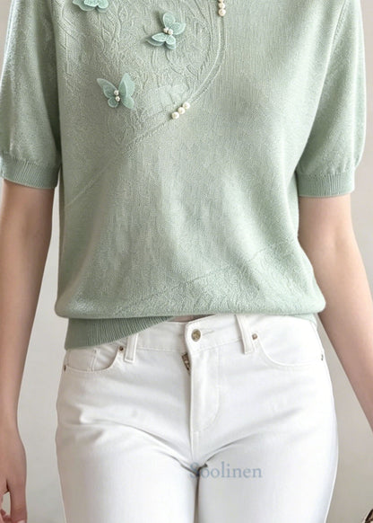 Chic Green Jacquard Butterfly Nail Bead Thin Knit Tops Summer