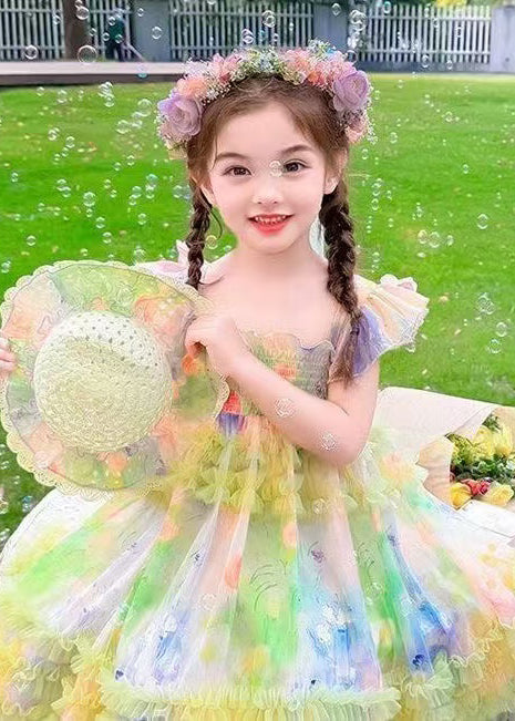 Chic Green Ruffled Print Tulle Kids Girls Long Dresses Summer