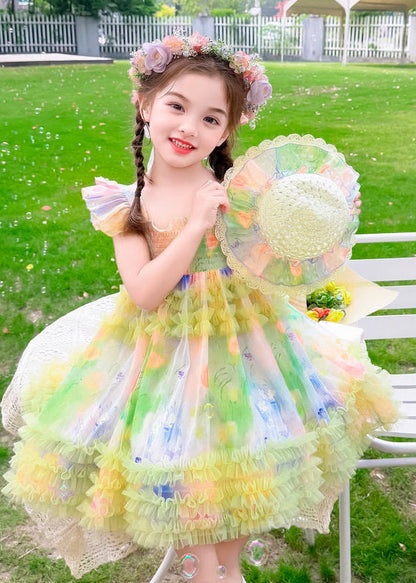 Chic Green Ruffled Print Tulle Kids Girls Long Dresses Summer