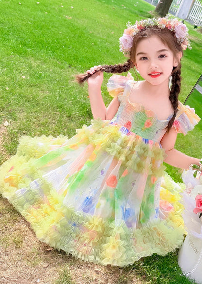 Chic Green Ruffled Print Tulle Kids Girls Long Dresses Summer