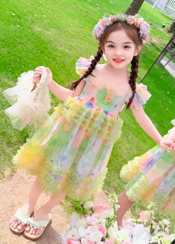 Chic Green Ruffled Print Tulle Kids Girls Long Dresses Summer