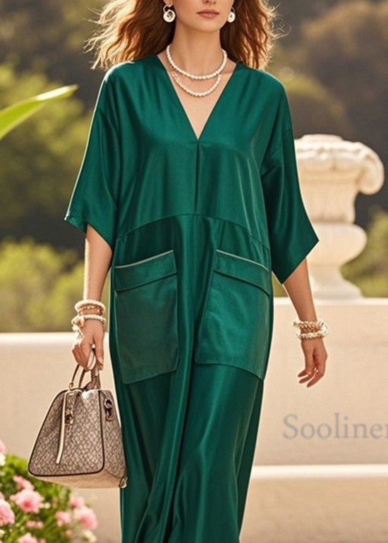 Chic Green V Neck Pockets Patchwork Silk Dresses Summer