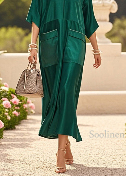 Chic Green V Neck Pockets Patchwork Silk Dresses Summer