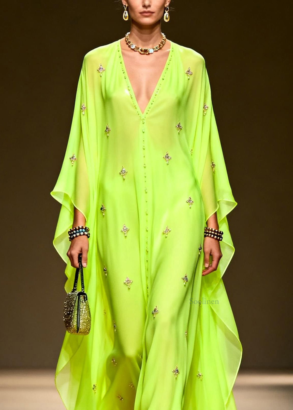 Chic Green V Neck Zircon Chiffon Maxi Dress Spring