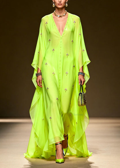 Chic Green V Neck Zircon Chiffon Maxi Dress Spring