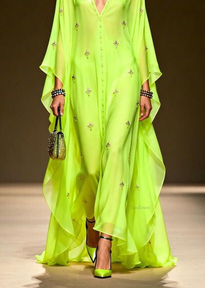 Chic Green V Neck Zircon Chiffon Maxi Dress Spring