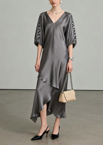 Chic Grey Asymmetrical Maxi Dresses V Neck LanterSleeve