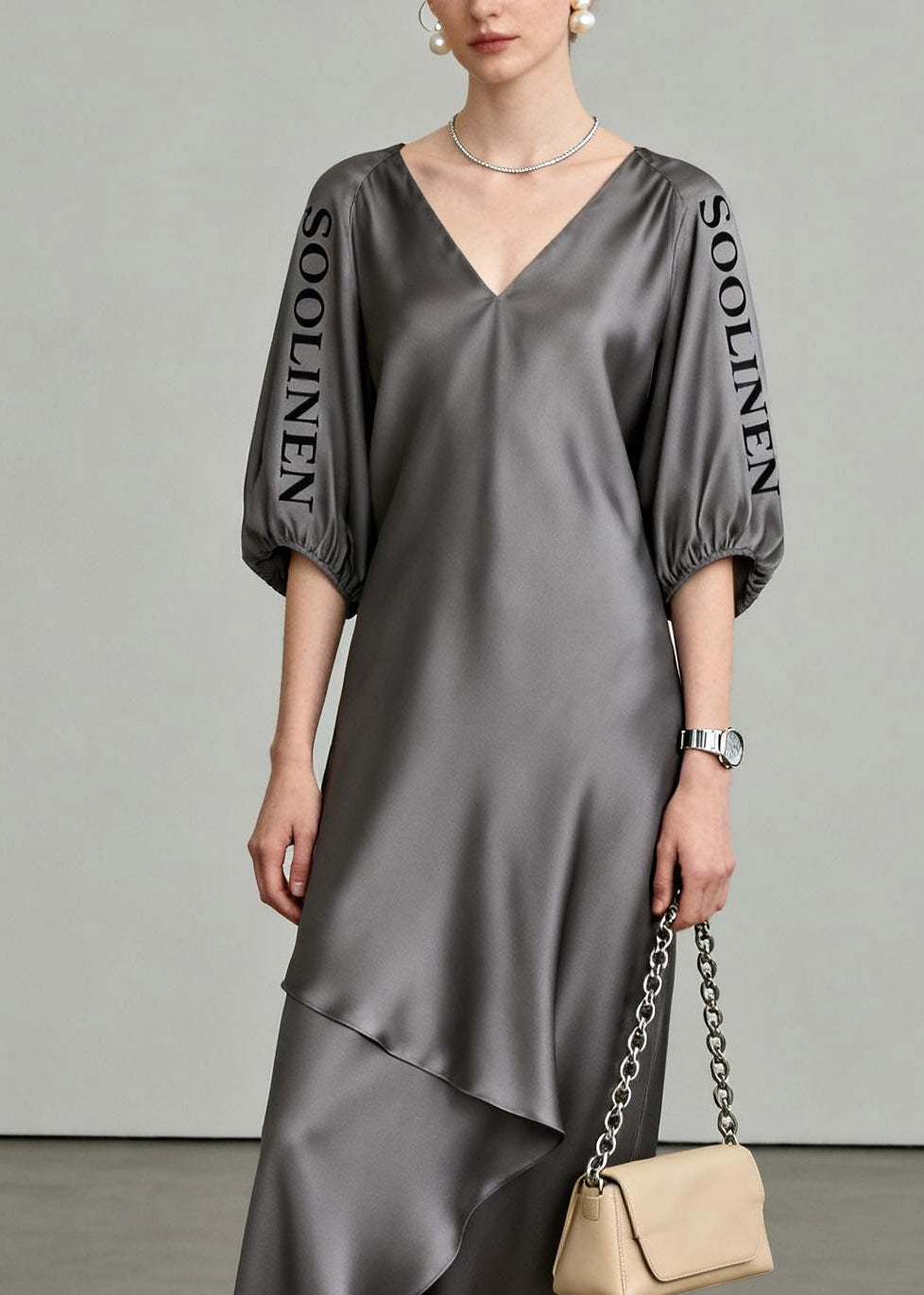 Chic Grey Asymmetrical Maxi Dresses V Neck LanterSleeve