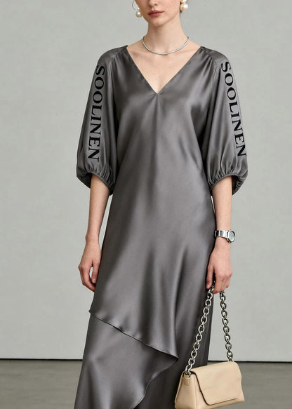 Chic Grey Asymmetrical Maxi Dresses V Neck LanterSleeve