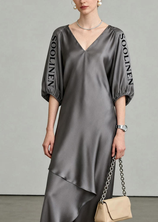 Chic Grey Asymmetrical Maxi Dresses V Neck LanterSleeve