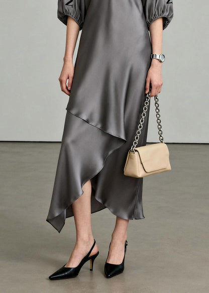 Chic Grey Asymmetrical Maxi Dresses V Neck LanterSleeve