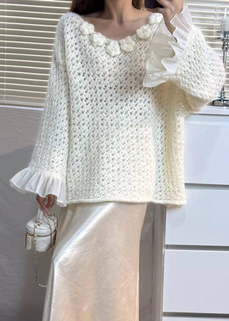 Chic Grey Flower Patchwork Tulle Sweater Tops Flare Sleeve