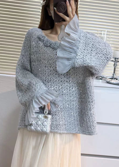 Chic Grey Flower Patchwork Tulle Sweater Tops Flare Sleeve