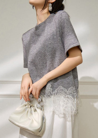 Chic Grey Lace Patchwork Top Short Sleeve