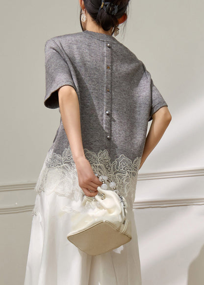 Chic Grey Lace Patchwork Top Short Sleeve