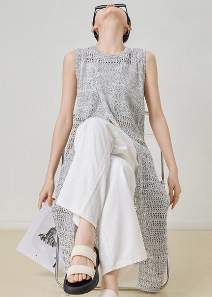 Chic Grey O-Neck Hollow Out Long Knit Cardigans Sleeveless