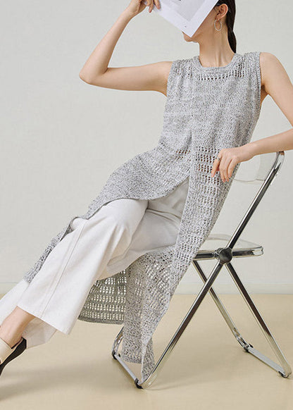 Chic Grey O-Neck Hollow Out Long Knit Cardigans Sleeveless