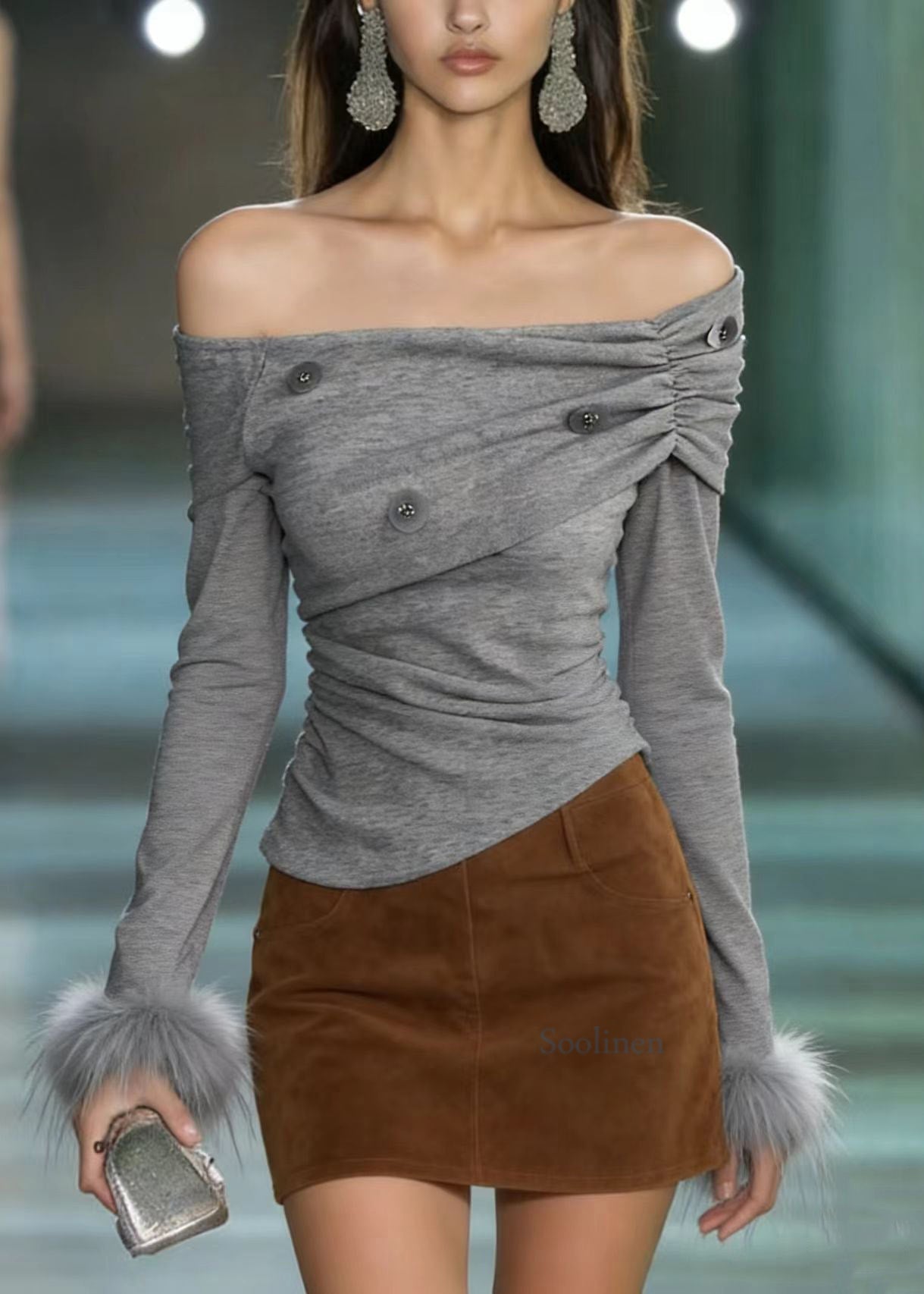 Chic Grey Slash Neck Fur Patchwork Sequins Cotton T Shirts Spring
