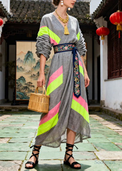 Chic Grey Tunic Patchwork Cotton Long Dresses Summer