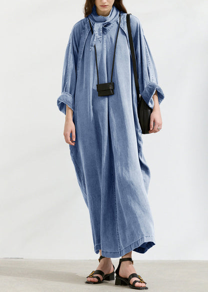Chic Grey Turtle Neck Pockets Lace Up Denim Long Dresses Fall