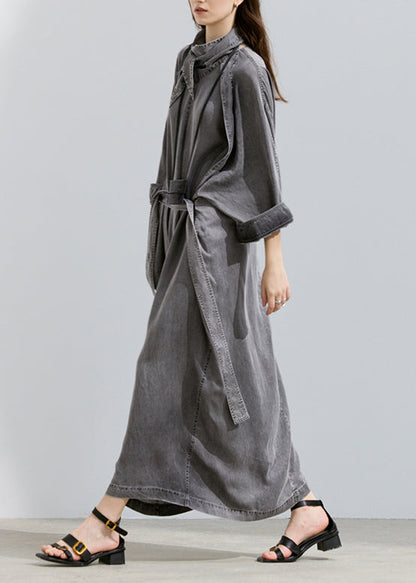 Chic Grey Turtle Neck Pockets Lace Up Denim Long Dresses Fall