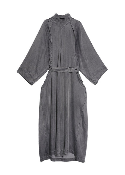 Chic Grey Turtle Neck Pockets Lace Up Denim Long Dresses Fall