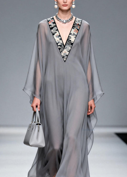 Chic Grey V Neck Patchwork Chiffon Long Dress Spring