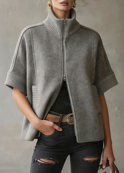 Chic Grey Zip Up Patchwork Woolen Coats Short Sleeve