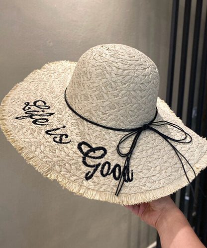 Chic Khaki Graphic Bow Straw Woven Floppy Sun Hat