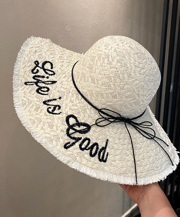 Chic Khaki Graphic Bow Straw Woven Floppy Sun Hat