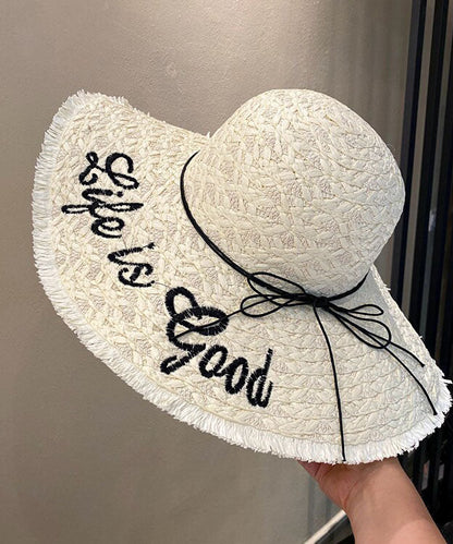 Chic Khaki Graphic Bow Straw Woven Floppy Sun Hat