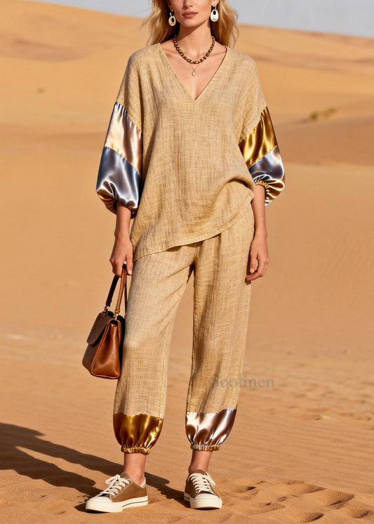 Chic Khaki Oversized Patchwork Linen Two Pieces Set Spring